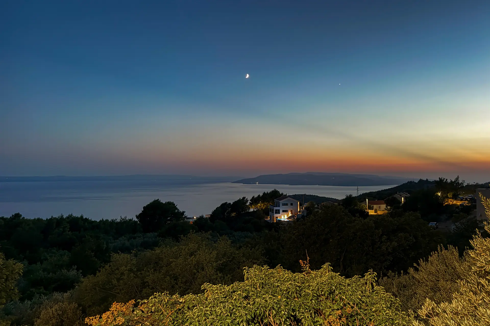 Sunset panorama across the Makarska riviera and the islands